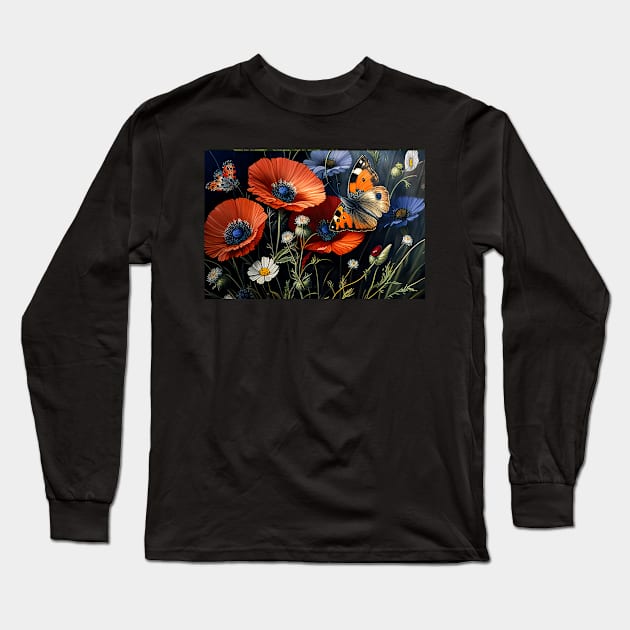 Poppies and Butterflies Long Sleeve T-Shirt by Tarrby